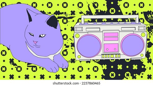 Fashion minimal illustration art. Funny party cat. Back in 90s