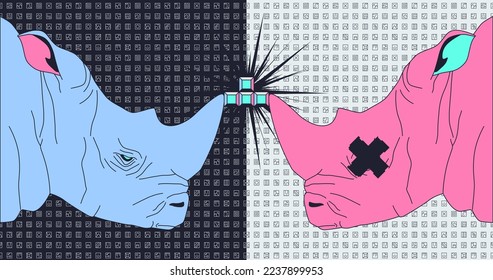 Fashion minimal illustration art. Rhinoceros fight retro colors design