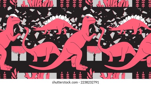 Fashion minimal illustration art. Trippy absurd seamless pattern dinosaur