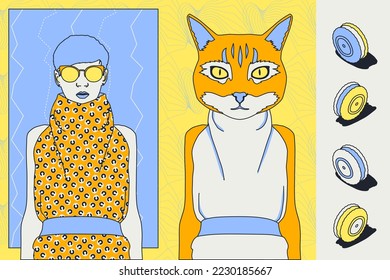 Fashion minimal illustration collage set. Fashion girl and Kitty. Retro style