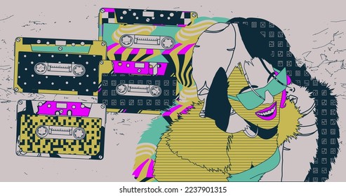 Fashion minimal illustration. Disco party girl. Dj, music, retro lover concept