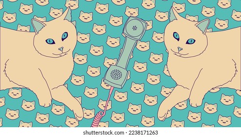 Fashion minimal illustration. Funny trippy retro kitty and kawaii background