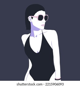 Fashion minimal illustration Glamour Lady in stylish swimsuit. Beach vacation vibes