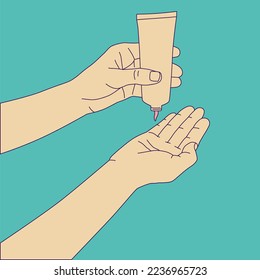 Fashion minimal illustration. Hands and cream. Retro colors design