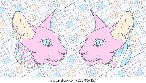 Fashion minimal illustration. Hipster Funny Cats Trendy abstract trippy geometry design