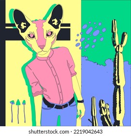 Fashion minimal illustration. Fashion hipster Kitty casual look