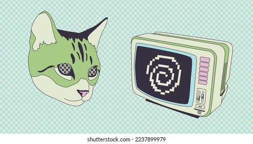 Ilustración mínima de moda. Cabeza de Hipster Kitty y televisión retro. Diseño trendy trippy