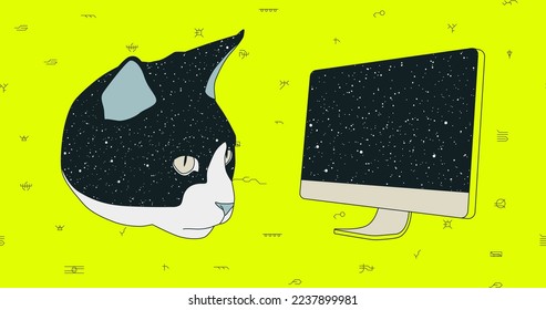 Fashion minimal illustration. Hipster Kitty head and computer. Trendy trippy design