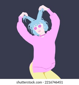 Fashion minimal illustration party casual girl. Dance, music, dj concept
