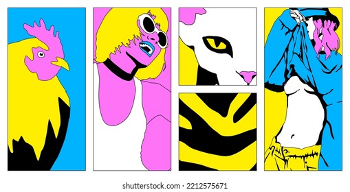 Fashion minimal illustration. Stylish comic collage set. Girl and abstract design art