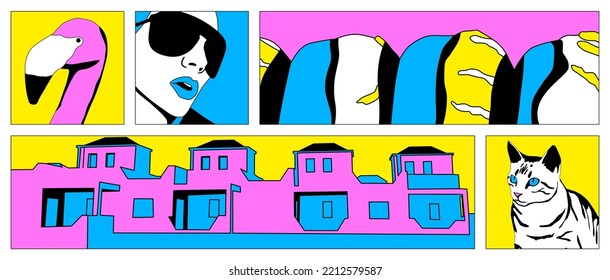 Fashion minimal illustration. Stylish comic collage set. Girl and abstract design art