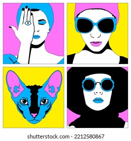 Fashion minimal illustration. Stylish comic collage set. Girl and abstract design art