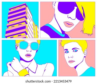 Fashion minimal illustration. Stylish comic collage set. Girl and abstract design art