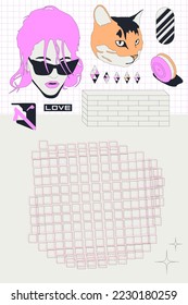 Fashion minimal illustration. Stylish comic collage set. Girl and abstract design art