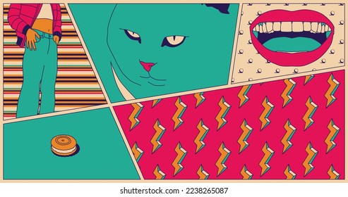 Fashion minimal illustration. Stylish comic absurd collage set Girl. Trendy trippy design. back in 80s. Retro lover