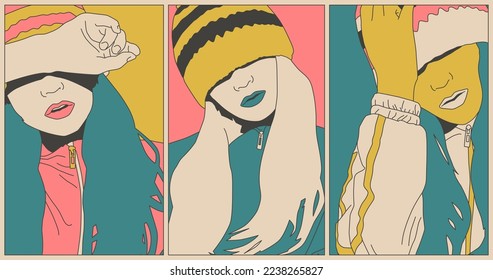 Fashion minimal illustration. Stylish comic absurd collage set Girl. Trendy trippy design. back in 90s. Disco mood