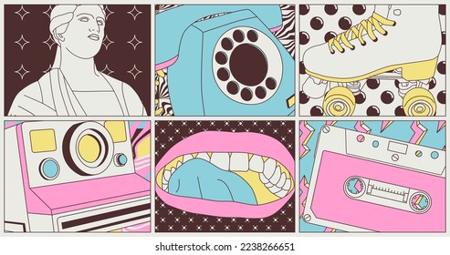 Fashion minimal illustration. Stylish comic absurd collage set. Trendy trippy design. back in 80s