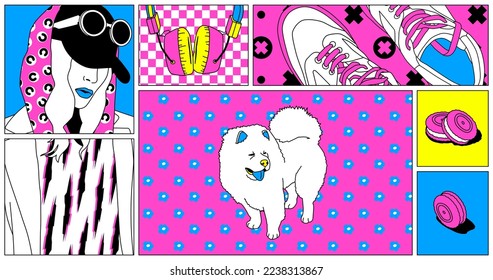 Fashion minimal illustration. Stylish comic collage set Girl. Trendy trippy design. back in 80s. Retro lover