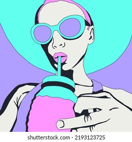 fashion minimal illustration. Stylish girl drink cocktails. Beach mood