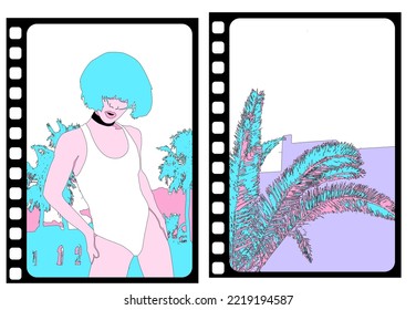 Fashion minimal illustration. Stylish girl and tropical background