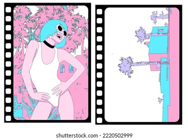 Fashion minimal illustration. Stylish girl and tropical background