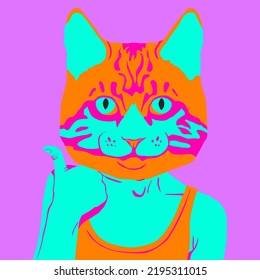 Fashion minimal illustration. Stylish Kitty thumbs up social network concept