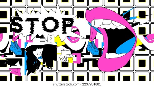 Fashion minimal illustration. Stylish lips. Party, back in 90s concept
