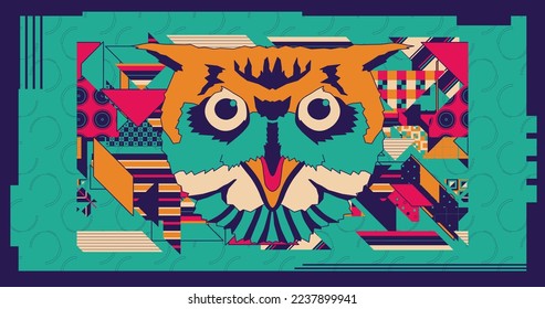 Fashion minimal illustration. Stylish owl and retro creative colors background