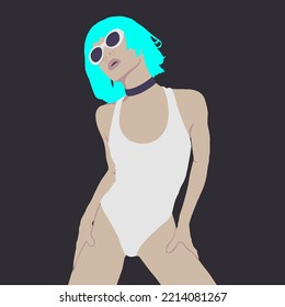 Fashion minimal illustration. Stylish party girl with blue hair