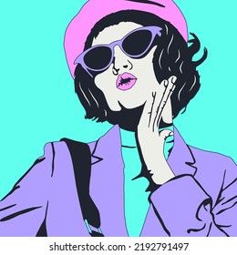 Fashion minimal illustration. Stylish retro Lady,Vintage look