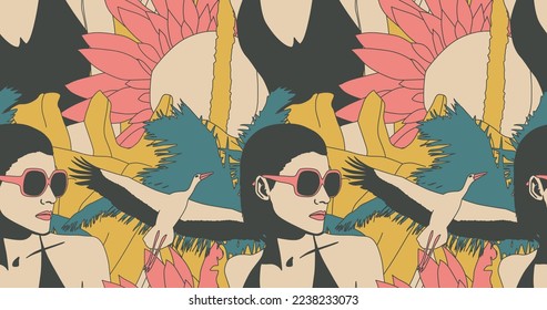 Fashion minimal illustration. Stylish retro vacation girl. Seamless pattern