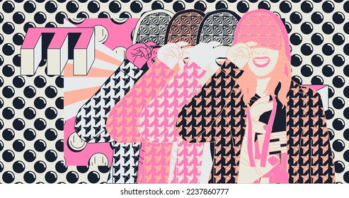 Fashion minimal illustration. Stylish urban girl and creative pattern design