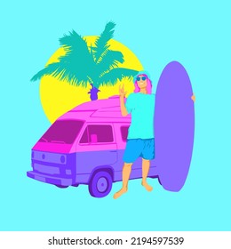 Fashion minimal illustration. Surf girl with a vintage car in tropical location. aloha vibes