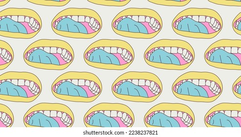 Fashion minimal illustration trippy absurd seamless pattern licking mouth retro style back in 90s