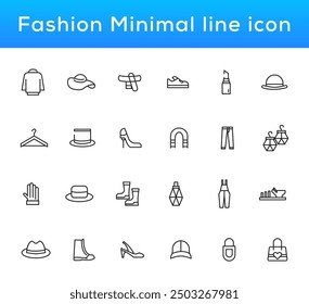 Fashion Minimal line icons collection. Jacket, Winter Coat, Sweatshirt, Dress, Hoody, Jeans, Hat icon for apps and website