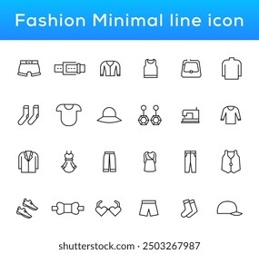 Fashion Minimal line icons collection. Jacket, Winter Coat, Sweatshirt, Dress, Hoody, Jeans, Hat icon for apps and website