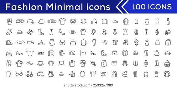 Fashion Minimal line icons collection. Jacket, Winter Coat, Sweatshirt, Dress, Hoody, Jeans, Hat icon for apps and website
