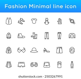 Fashion Minimal line icons collection. Jacket, Winter Coat, Sweatshirt, Dress, Hoody, Jeans, Hat icon for apps and website