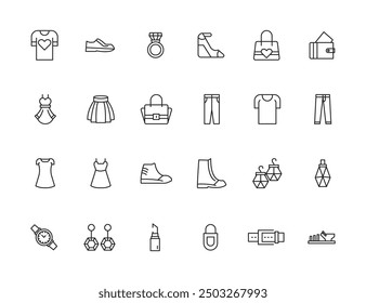 Fashion Minimal line icons collection. Jacket, Winter Coat, Sweatshirt, Dress, Hoody, Jeans, Hat icon for apps and website