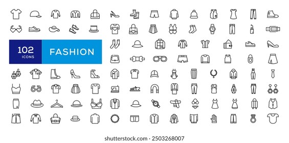 Fashion Minimal line icons collection. Jacket, Winter Coat, Sweatshirt, Dress, Hoody, Jeans, Hat icon for apps and website