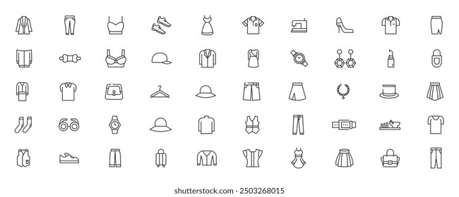 Fashion Minimal line icons collection. Jacket, Winter Coat, Sweatshirt, Dress, Hoody, Jeans, Hat icon for apps and website