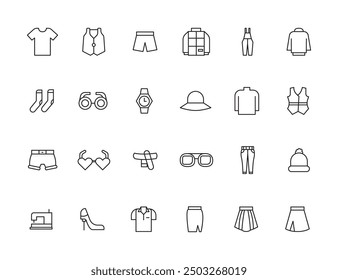 Fashion Minimal line icons collection. Jacket, Winter Coat, Sweatshirt, Dress, Hoody, Jeans, Hat icon for apps and website