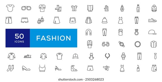 Fashion Minimal line icons collection. Jacket, Winter Coat, Sweatshirt, Dress, Hoody, Jeans, Hat icon for apps and website