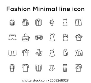 Fashion Minimal line icons collection. Jacket, Winter Coat, Sweatshirt, Dress, Hoody, Jeans, Hat icon for apps and website