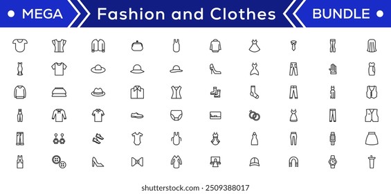 Fashion Minimal line icons collection. Jacket, Winter Coat, Sweatshirt, Dress, Hoody, Jeans, Hat icon for apps and website