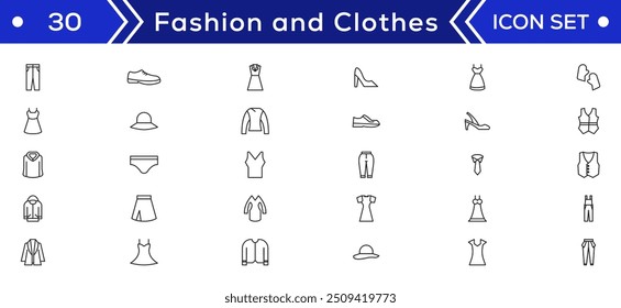 Fashion Minimal line icons collection. Jacket, Winter Coat, Sweatshirt, Dress, Hoody, Jeans, Hat icon for apps and website