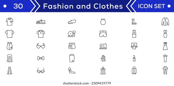 Fashion Minimal line icons collection. Jacket, Winter Coat, Sweatshirt, Dress, Hoody, Jeans, Hat icon for apps and website