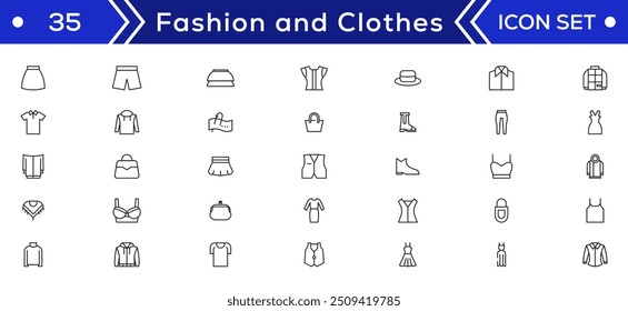 Fashion Minimal line icons collection. Jacket, Winter Coat, Sweatshirt, Dress, Hoody, Jeans, Hat icon for apps and website