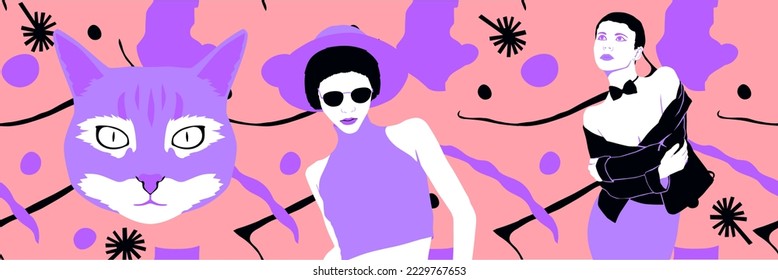 Fashion minimal vector illustration. Stylish collage retro Lady banner sale