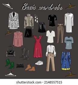 Moda. Minimalismo. Vestuario básico para una mujer.  Gran armario. Armario con un juego de ropa en perchas y bolsas. Objetos vectoriales aislados.